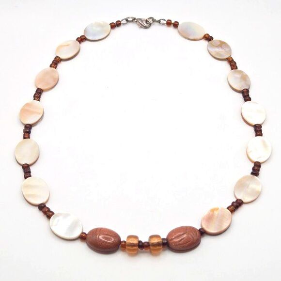 Goldstone Scarab Bead Necklace 18" MOP Shell Carved Boho Symbolic Glass - Picture 1 of 6